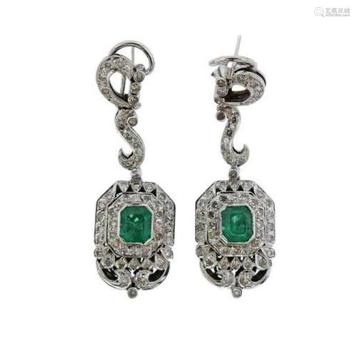 14k Gold Diamond Emerald Drop Earrings