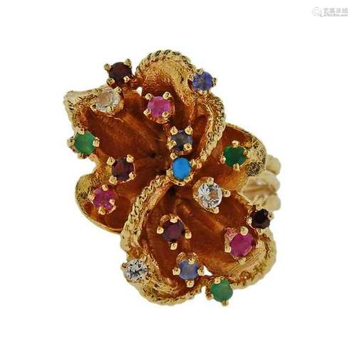 14K Gold Multi Color Stone Floral Motif Ring