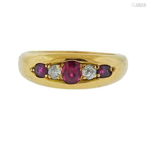 Antique English 18K Gold Diamond Ruby Ring