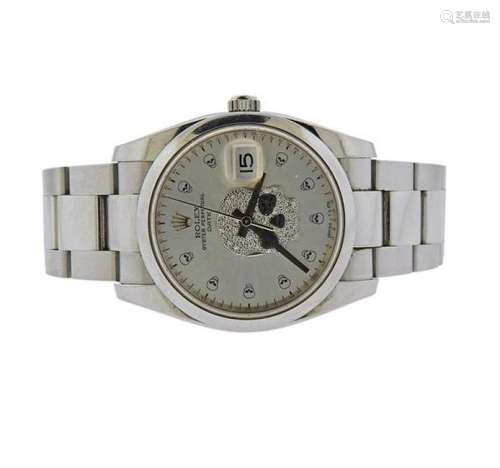Rolex Oyster Date Steel Custom Diamond Skull Dial Watch