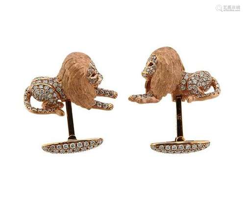 House of Baguettes 18K Gold Diamond Lion Cufflinks