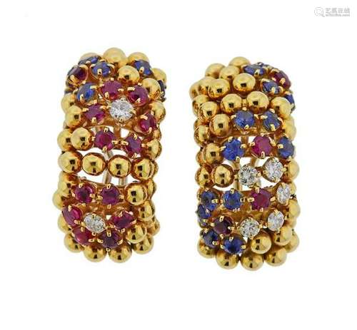 18K Gold Diamond Ruby Sapphire  Earrings