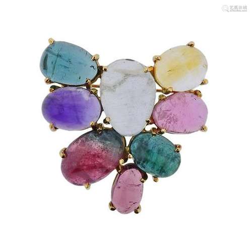 14k Gold Gemstones Cabochon Brooch Pin