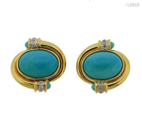 18K Gold Diamond Turquoise Earrings