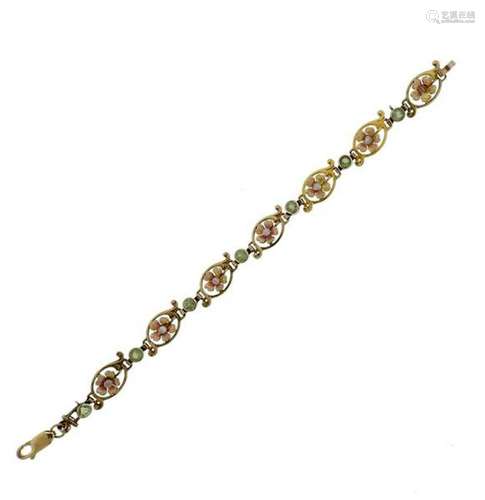 Art Nouveau  14K Gold Pearl Enamel Green Stone Bracelet