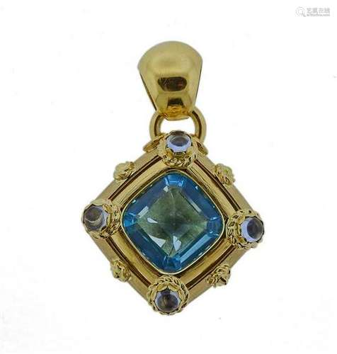 18K Gold Blue Topaz Moonstone Pendant