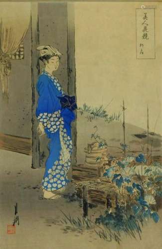 Gekko Ogata Woodblock of Woman in Botanical Garden