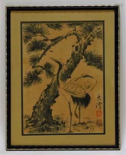 Japanese Meiji Period Ink Drawing of Two Cranes