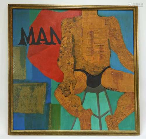 MCM Carlo Newspaper Mixed Media Male Nude Painting