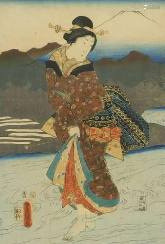 Utagawa Kunisada Woodblock of a Geisha in a River