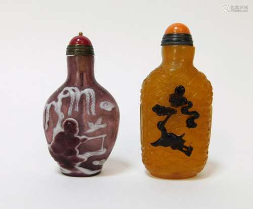 2PC Chinese Peking Glass Avian Snuff Bottles