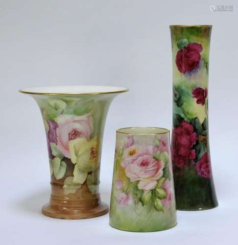 3PC American Belleek Porcelain Rose Vase Group