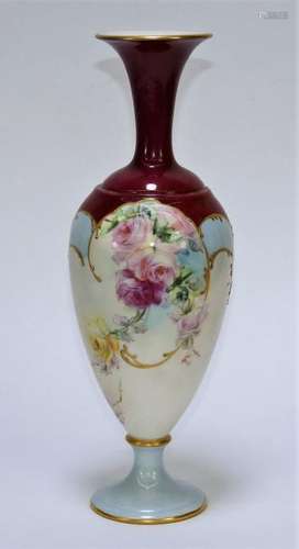 Elegant American Belleek Blue & Pink Peony Vase