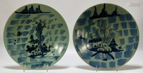 2PC Chinese Blue & White Porcelain Scenic Plates