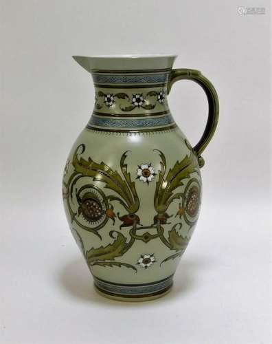 German Mettlach Floral Relief Stoneware Pitcher