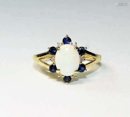 Estate 14K Gold Opal Diamond Sapphire Lady's Ring
