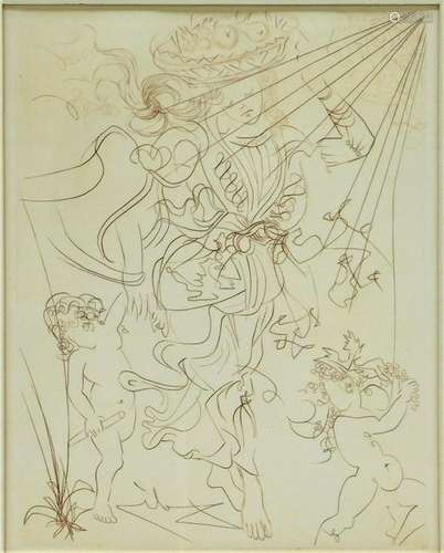 Salvador Dali Surrealist Etching of Woman & Putti