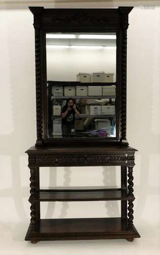 19C English Carved Oak Twist Column Mirror Server