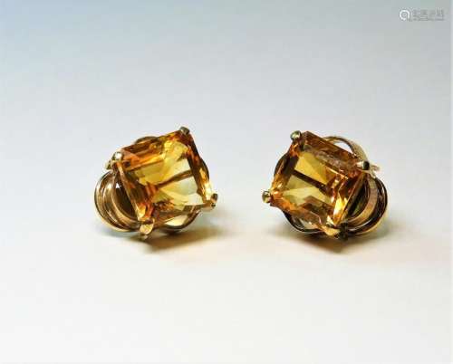 Estate 14K Gold Princess Cut Citrine Earrings