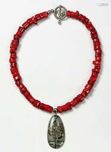 Jasper, coral, silver and metal necklace