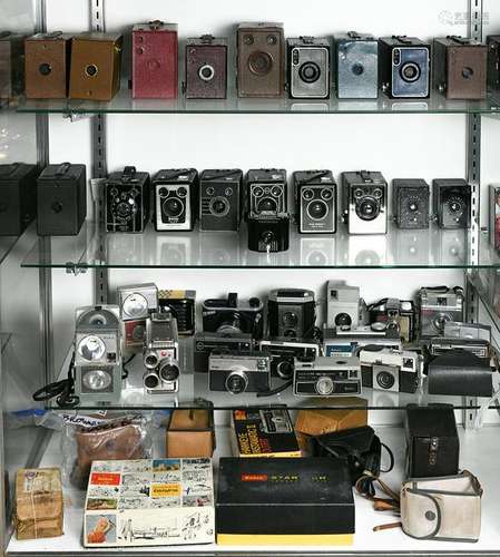 Four shelves of Kodak cameras and equiqment