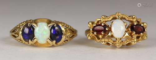 (Lot of 2) Multi-stone, yellow gold rings