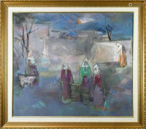 Painting, Night Courtyard Scene with Figures