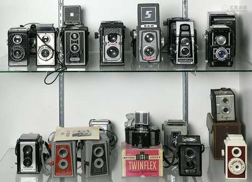 Three shelves of antique TRL and pseudo TRL cameras and