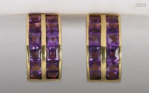 Pair of amethyst and 14k yellow gold earrings