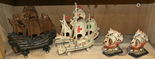 (lot of 4) Patinated metal ship sculptures