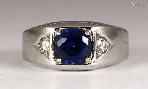 Synthetic sapphire, diamond and 14k white gold ring