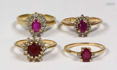 (Lot of 4) Ruby, diamond and yellow gold rings