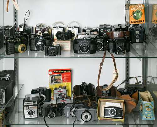 Two shelves of Bakelite and plastic cameras