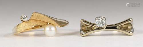 (Lot of 2) Diamond, cultured pearl and yellow gold