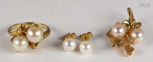 (Lot of 3) Cultured pearl, diamond and yellow gold