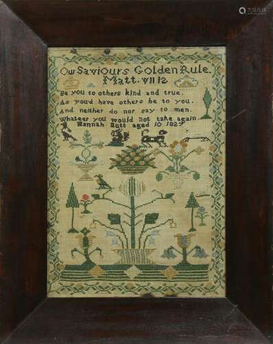 Needlework sampler, executed by Hannah Nutt, 1827,