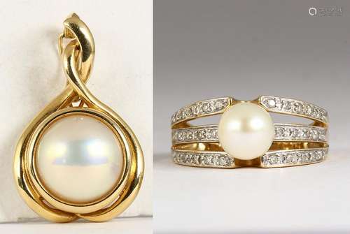 (Lot of 2) Cultured pearl, diamond and 14k yellow gold