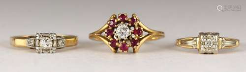 (Lot of 3) Diamond, ruby and 14k yellow gold rings