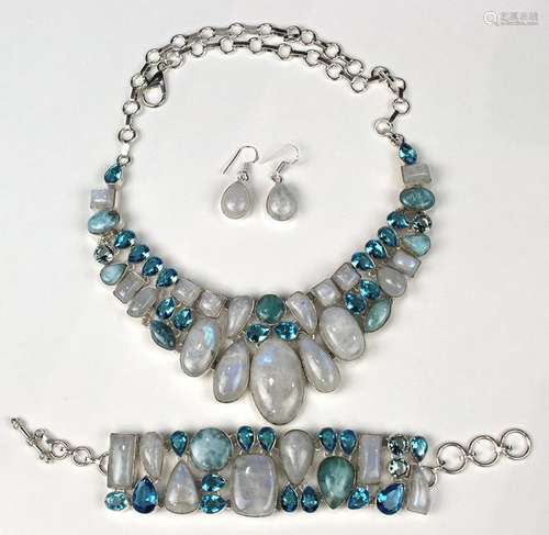 Moonstone, blue topaz, laramar, glass and silver