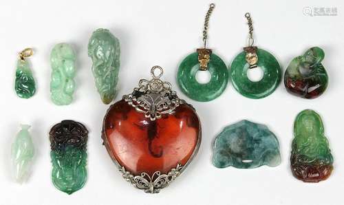 (Lot of 11) Jade, imitation amber, silver and metal