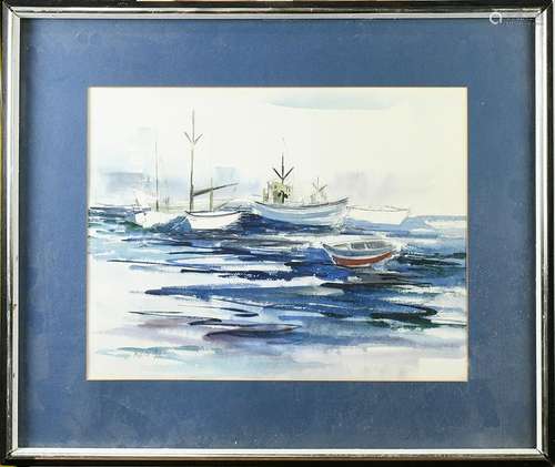 Watercolor, Fishing Boats in the Bay