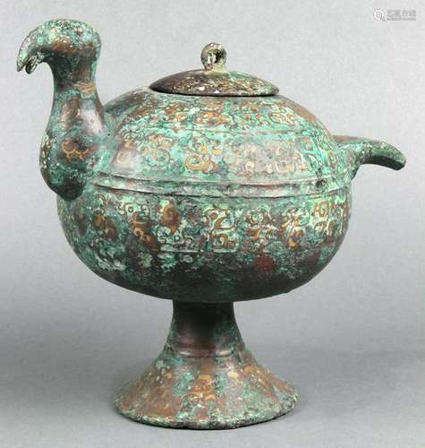 Chinese Inlaid Bronze Bird Form Vessel