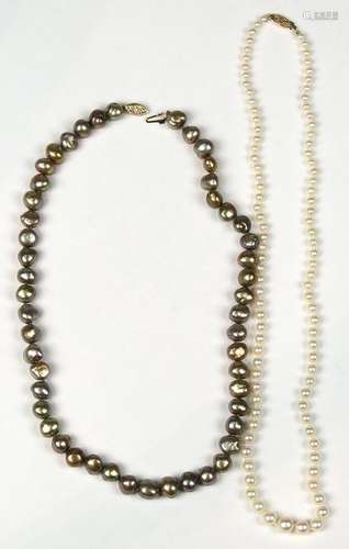 (Lot of 2) Cultured pearl and yellow gold necklaces