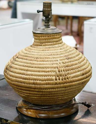 Native American raffia storage basket, wired as a lamp,