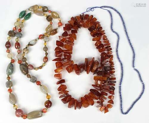 (Lot of 3) Amber, agate, tanzanite bead necklaces