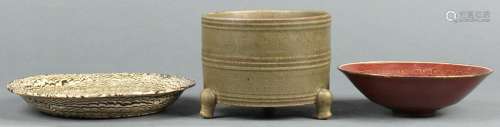 Chinese Celadon Ceramic Censer, Marbled Plate, Bowl
