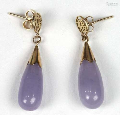 Pair of jadeite and 14k yellow gold drop earrings