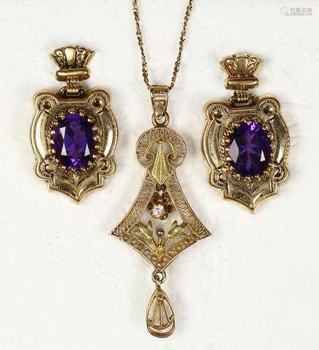 (Lot of 2) Amethyst, diamond and yellow gold jewelry