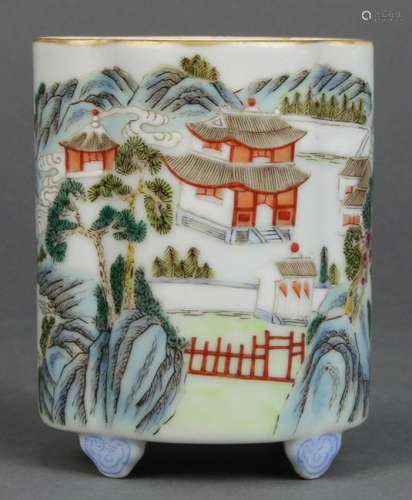 Chinese Lobed Porcelain Brush Pot, Landscape