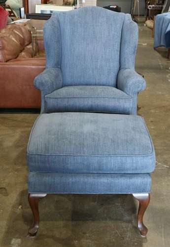 Queen Anne style wing back arm chair with ottoman,